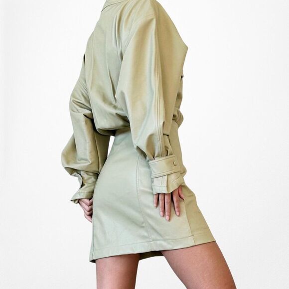Zara Green Long Sleeve Faux Leather Utility Cargo Style Mini Dress Size S - Picture 4 of 8